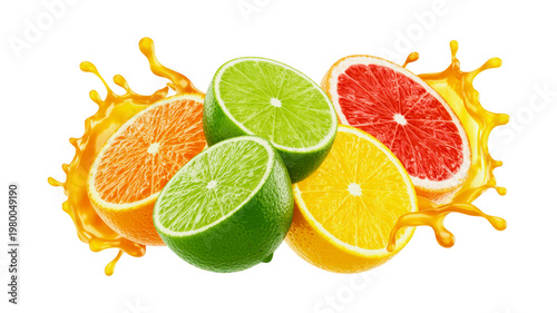 Mixed citrus fruit halves with juice splash isolated on transparent background for beverage advertising