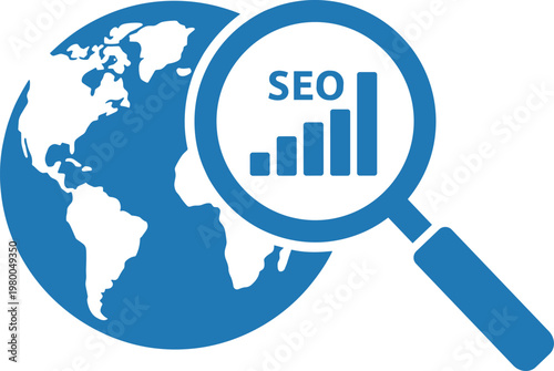 Global seo optimization concept with magnifying glass focusing on search engine ranking growth chart.