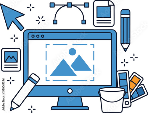 Graphic designer workplace computer monitor with image editing tools digital art creation concept.