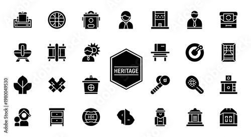 Heritage icon set with monuments, culture and history symbols for tourism and UI design use.
