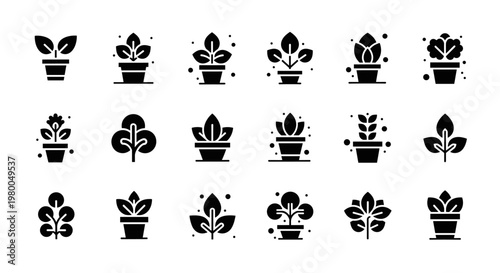 Plant icon set with flowers, leaves and potted plants for gardening, eco and UI design projects.