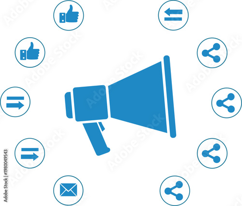 Megaphone surrounded by social media icons like share, like, message, and exchange symbols.