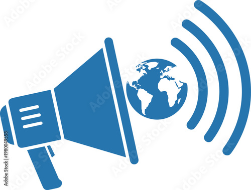 Megaphone broadcasting to the world with sound waves and a globe on transparent background.