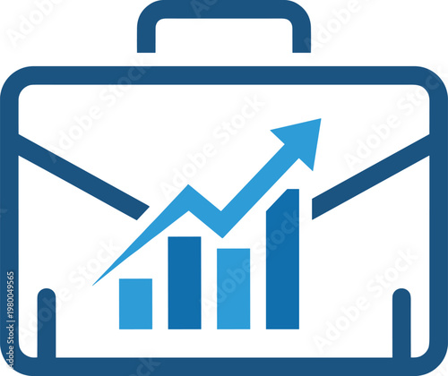 Professional briefcase icon containing financial growth arrow and statistic bars for business success.