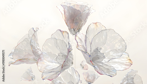 translucent flowers floating on light background, soft pastel palette, minimal composition, elegant floral design