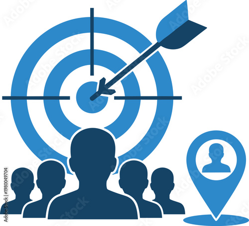 Target audience marketing with bullseye arrow and group of silhouettes with location pin icon symbol.