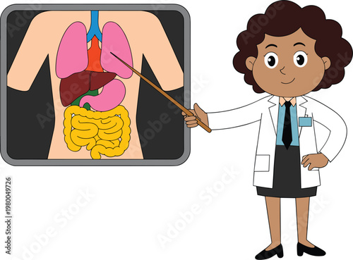 Cartoon doctor explaining human internal organs anatomy with educational medical illustration
