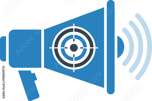 Targeted marketing megaphone icon featuring focus aim symbol and sound transmission waves flat design.