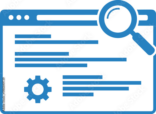 Website development and optimization interface with search loupe and setting gear on transparent.