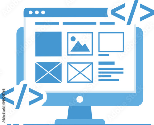 Website wireframe and user interface development icon showing layout design elements and code symbols.