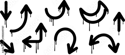 Arrows drawn in a graffiti style with dripping ink effects are displayed in a variety of orientations to serve as versatile visual indicators for modern graphic design applications and layouts.