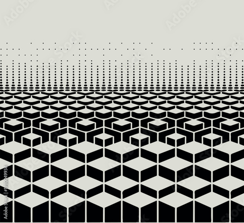 A black and white optical illusion pattern featuring a receding grid of repeating cube shapes.