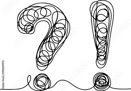 Punctuation marks illustration shows a question mark and an exclamation point formed by continuous tangled black lines against a clean white background to represent confusion and excitement.