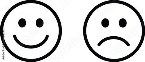 Happy and sad faces showing contrasting human emotions through simple circular line icon character expressions