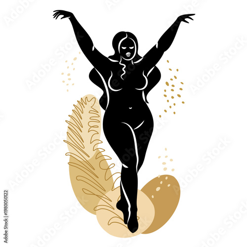 Silhouette of a slender naked woman and plant leaves. The girl is standing, she is overweight. The lady is full of beauty and sexuality. Vector illustration.