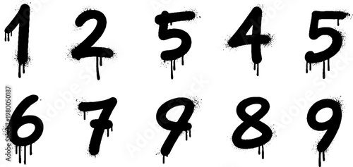 Numbers from one to nine are displayed in a black graffiti spray paint font style featuring sharp edges and dripping liquid ink effects isolated on a plain white background for graphic design use.