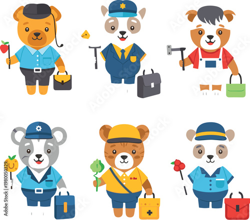 Cute dog professions vector illustration set with cartoon puppies in different jobs, worker characters including builder, mechanic, cleaner and delivery roles in flat style