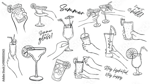 Hand-Drawn Vector Illustration Set of People Toasting with Summer Cocktails and Tropical Drinks