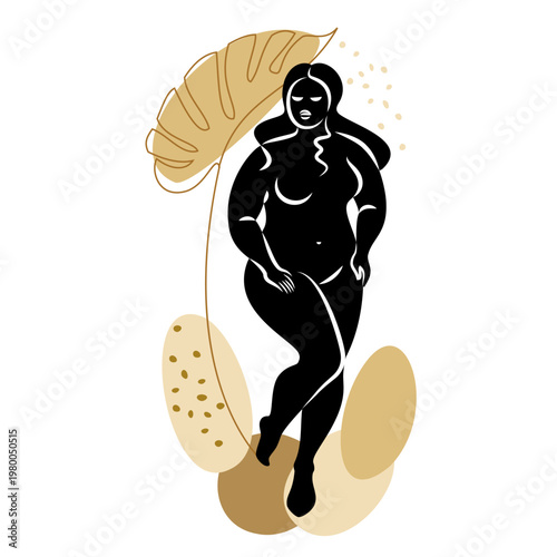 Silhouette of a slender naked woman and plant leaves. The girl is standing, she is overweight. The lady is full of beauty and sexuality. Vector illustration.