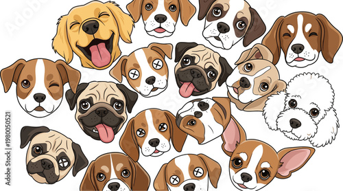 Cute dog faces collection with different breeds including pug, beagle, bulldog and poodle in playful cartoon pet portrait illustration set