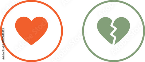 Two circular icons displaying a solid orange heart and a split gray broken heart symbol