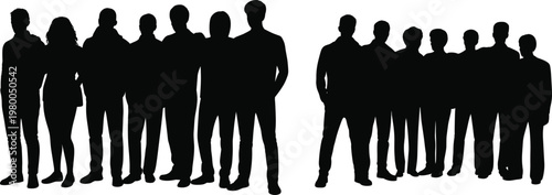 Large group of people silhouettes isolated on white background, diverse business team crowd standing together, leadership, teamwork, corporate concept, men and women lineup