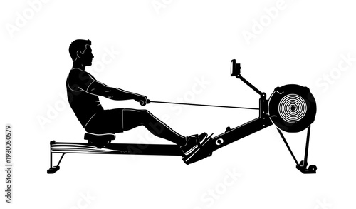 Rowing machine silhouette side view vector with athlete exercising indoor fitness equipment isolated on white background