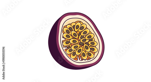 Vibrant cross section of a ripe passion fruit revealing its juicy pulp and numerous edible seeds isolated on a clean white background showcasing tropical flavor and healthy