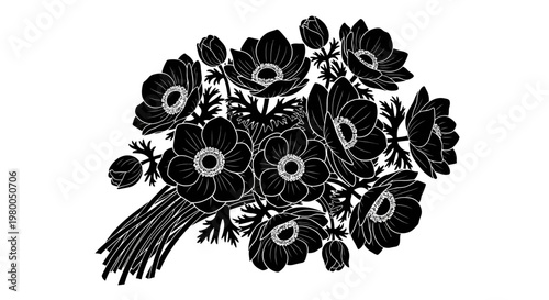 Elegant bouquet of black anemone flowers with delicate white details and green leaves artfully arranged with tied stems against a clean white background showcasing a striking