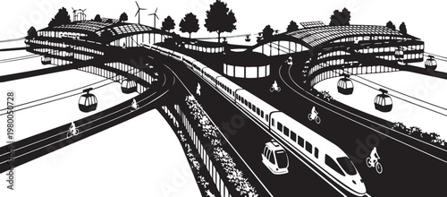 Monochrome train station, railway network, transportation infrastructure, urban landscape
