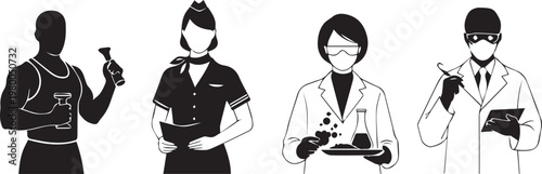Four distinct professions illustrated in a stylized black and white line drawing