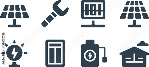 Solar energy installation and renewable power maintenance icons for sustainable construction and green technology industry solutions