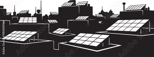 Solar panels on rooftops, cityscape vector, black and white illustration, renewable energy concept