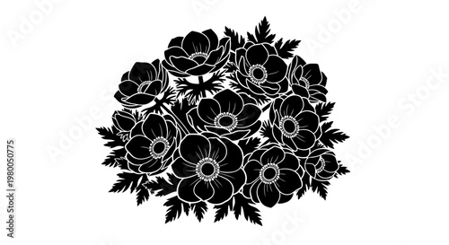 Elegant black and white floral arrangement of anemone flowers and leaves stylized botanical illustration with delicate petals and detailed foliage on a clean white background