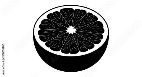 Stylized graphic illustration of a sliced citrus fruit possibly an orange or grapefruit presented in a bold high contrast black and white silhouette against a clean white