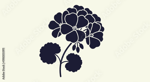 Stylized silhouette of a blooming geranium flower with leaves depicted in a minimalist dark blue outline against a soft cream background evoking nature and simplicity