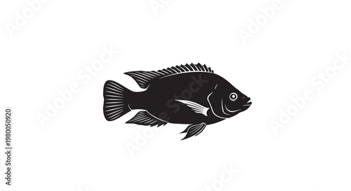 Stylized black silhouette of a single tilapia fish with detailed fins and scales isolated on a clean white background representing aquatic life and seafood