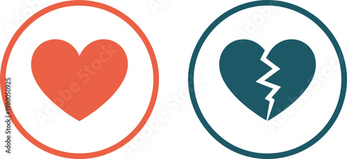 Two circular icons displaying a solid red heart and a cracked dark teal broken heart shape