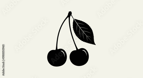 Minimalist black silhouette of two ripe cherries on a stem with a single textured leaf isolated on a subtle off white background representing freshness sweetness and natural