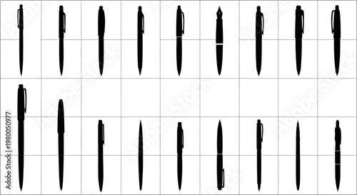 Collection of black ballpoint pen silhouettes arranged in a grid against a clean white background showcasing diverse designs and shapes for writing tools and stationery concepts