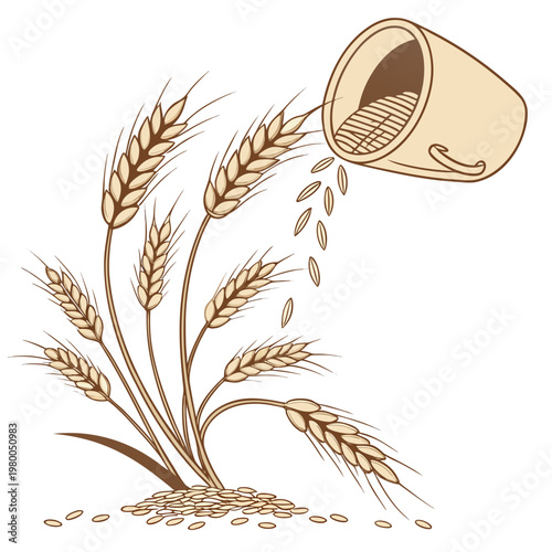 Vector illustration of wheat grains pouring from a bucket with wheat stalks