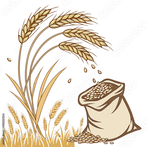 Illustration of a burlap sack filled with wheat grains and wheat plants