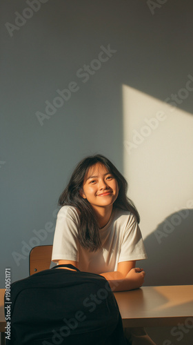 Young woman smiling warmly in a well-lit room during golden hour