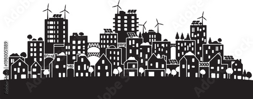 City skyline, urban landscape, black silhouette, wind turbines, modern architecture