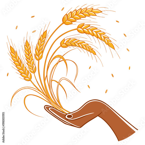 Vector illustration of a hand holding and dispersing golden wheat grains for agriculture and harvest concepts
