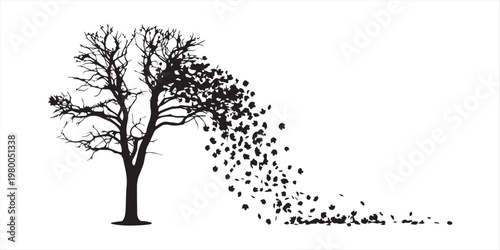 Solitary figure bends forward amid autumn leaves. Window provides warm light, creating melancholic mood. Trees frame scene beautifully.