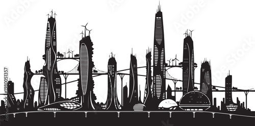 Futuristic cityscape, black silhouette, urban skyline, vector illustration, modern metropolis