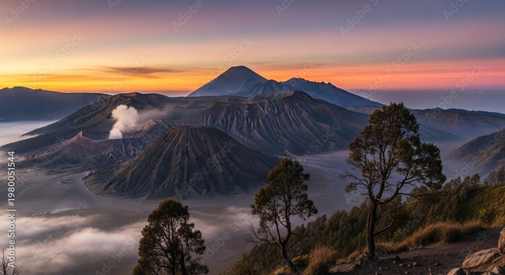 Obraz premium Volcanic Bromo Crater at Misty Sunrise: An Epic Photorealistic Alien Landscape