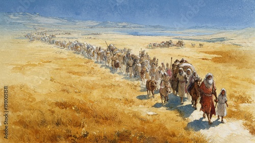 Abram leading his household and flocks through Canaan, a long caravan crossing dry terrain, a biblical Genesis 12 illustration.