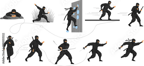 Ninja action sequence vector illustration with multiple poses showing stealth movement, climbing, running and combat techniques, dynamic martial arts character set in flat style